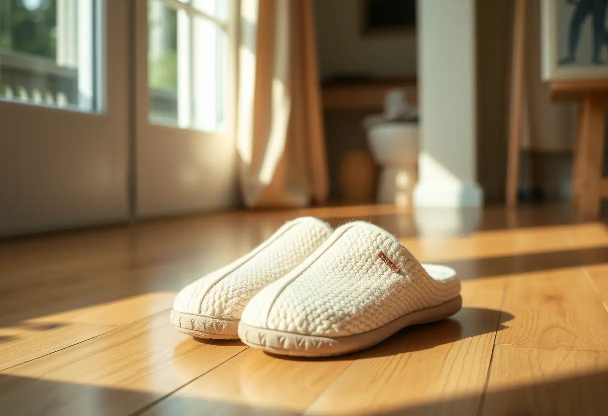 Un couple de chaussures en coton posées sur un plancher en bois, reflétant la lumière naturelle qui remplit la pièce, mettant en valeur le confort et la chaleur de l'environnement familial.