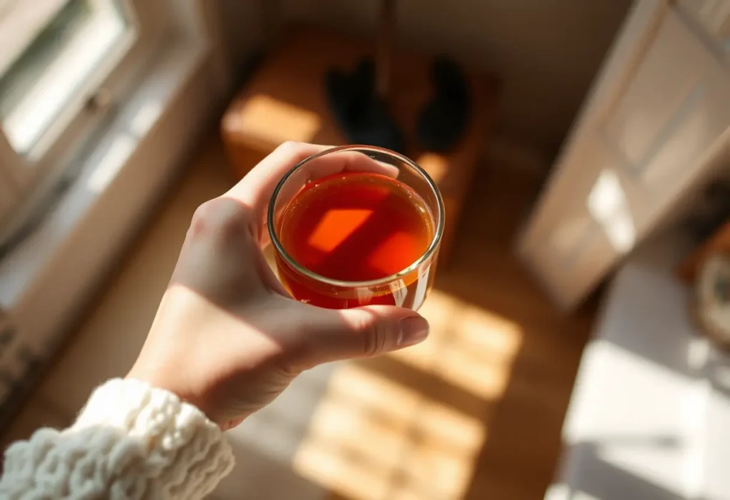 Une main féminine tenant une tasse de thé chaud, apaisante