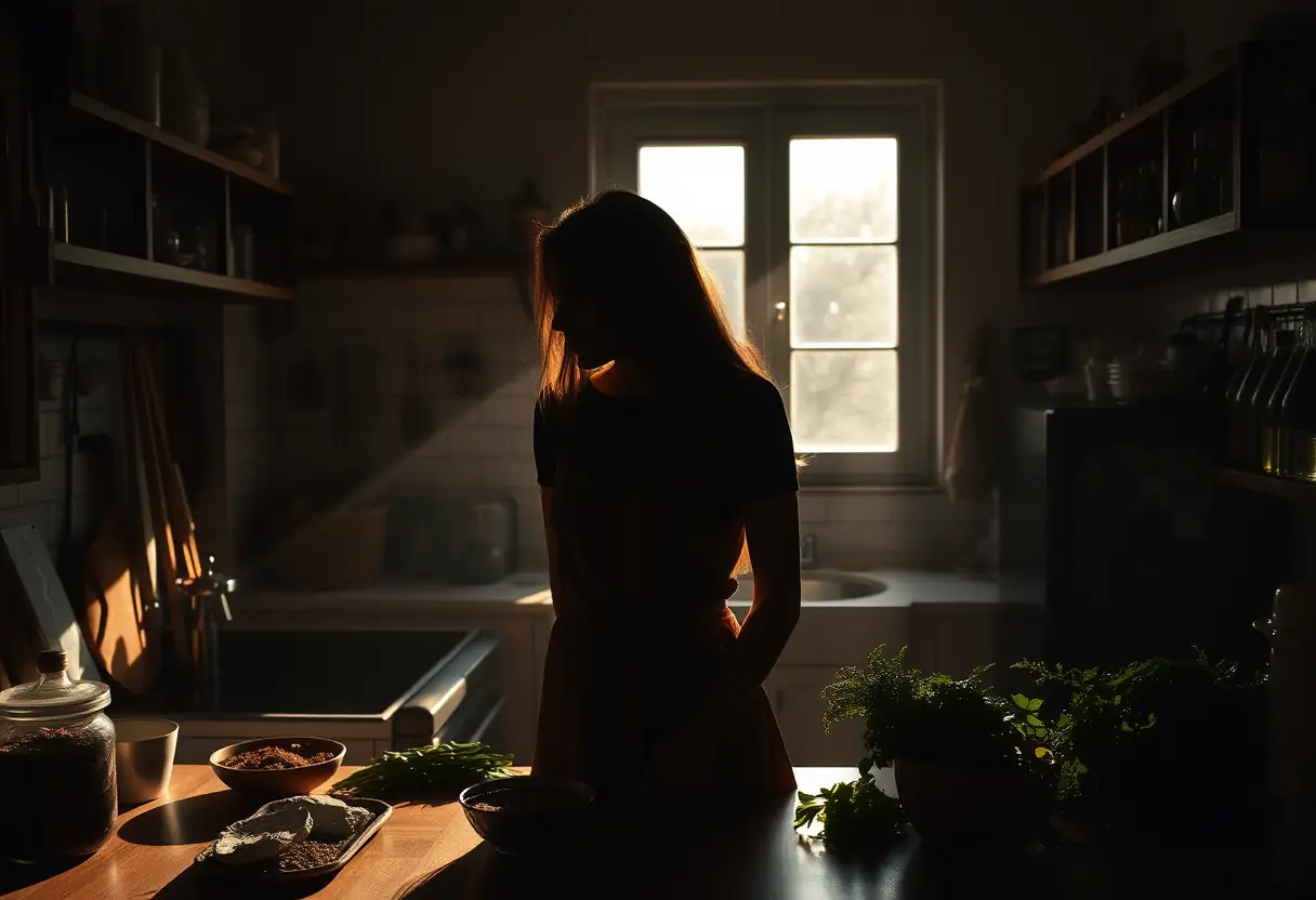 Une femme en silhouette dans une cuisine, entourée d'épices et d'herbes, lumière matinale