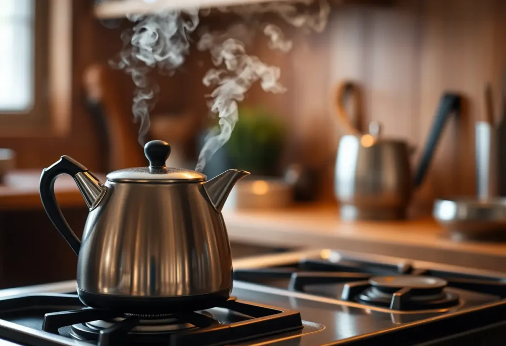 Une bouilloire siffle sur un fourneau dans une cuisine chaude, la vapeur s'élève doucement dans l'air.