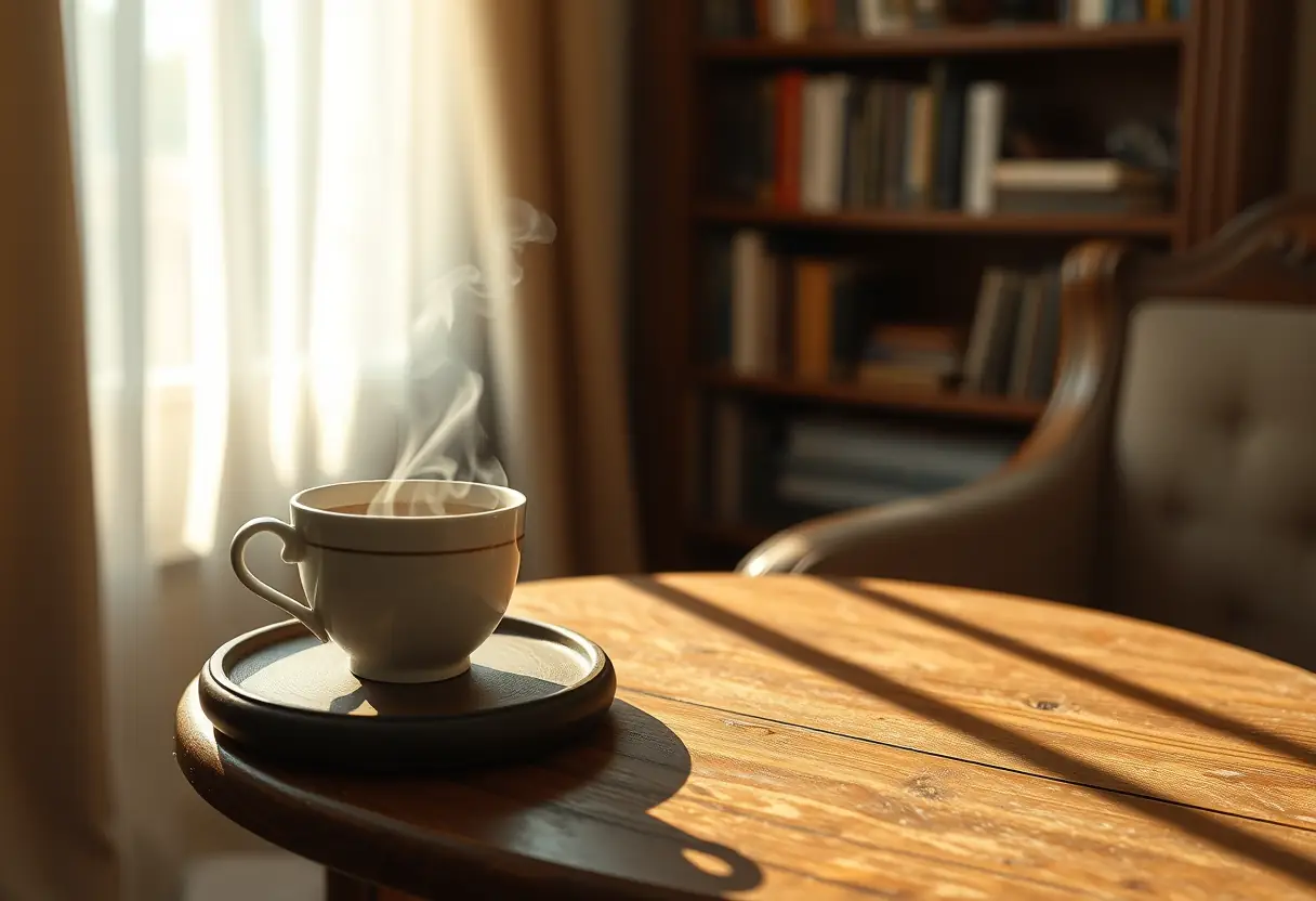 Une tasse de thé herbale fumante posée sur une petite table en bois dans une étude calme