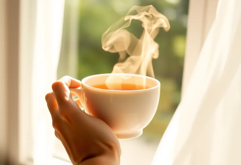 Une main tenant une tasse de thé chaud, symbolisant le bien-être et la prise en charge de soi.
