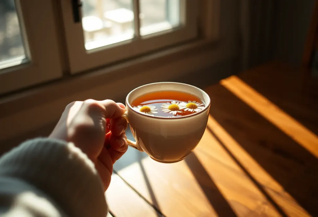 Une main tenant une tasse de thé aux fleurs de camomille dans la lumière du soleil.