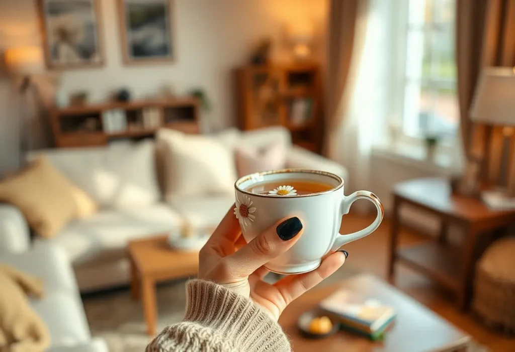 Une main tenant une tasse de thé de camomille dans un salon accueillant, bien-être féminin
