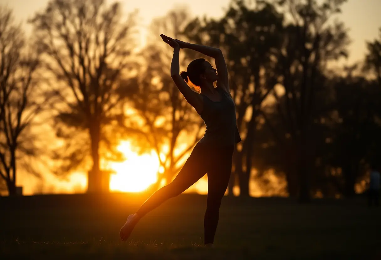 Silhouette d'une femme pratiquant le yoga dans un parc, la lumière du coucher du soleil éclaire son visage, bien-être féminin