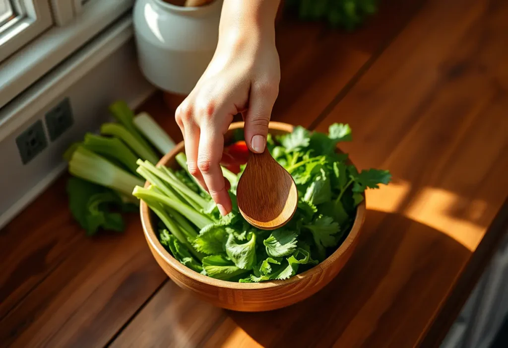 Une main féminine tient délicatement une cuillère en bois au-dessus d'une assiette de légumes frais dans une cuisine, évoquant l'équilibre alimentaire pour combattre le syndrome prémenstruel