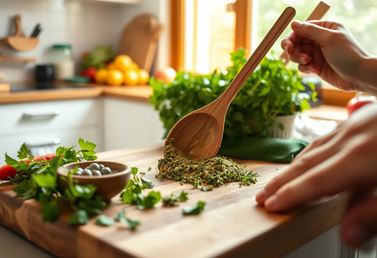 Poêlon en bois sur planche de cuisine avec herbes fraîches