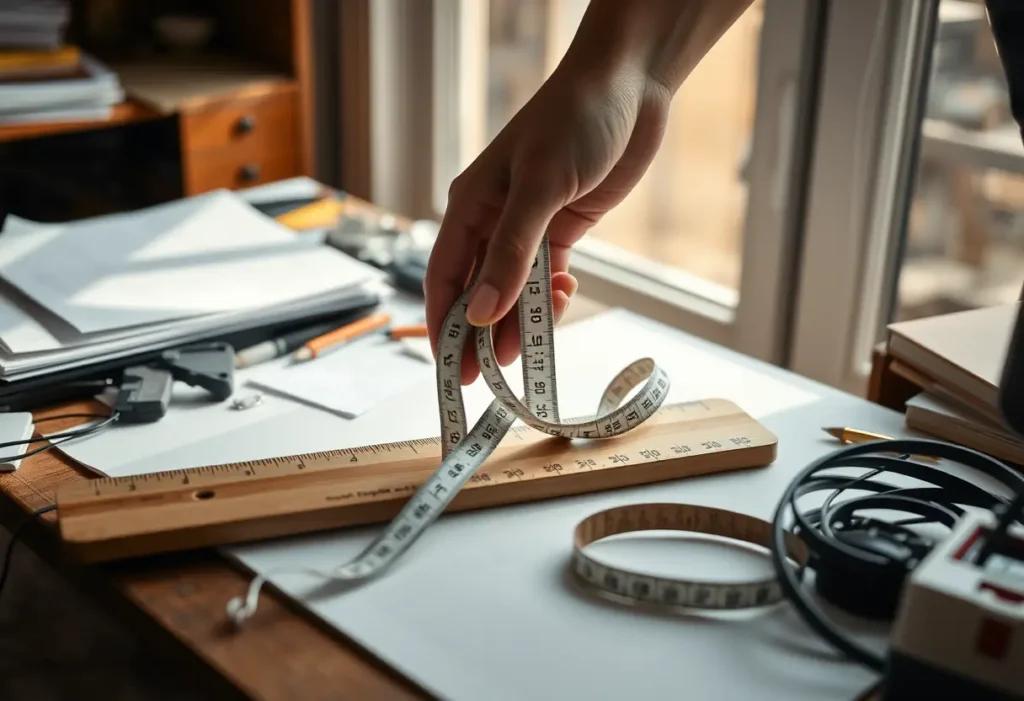 Main de femme tenant une règle en bois courbe avec un mètre ruban