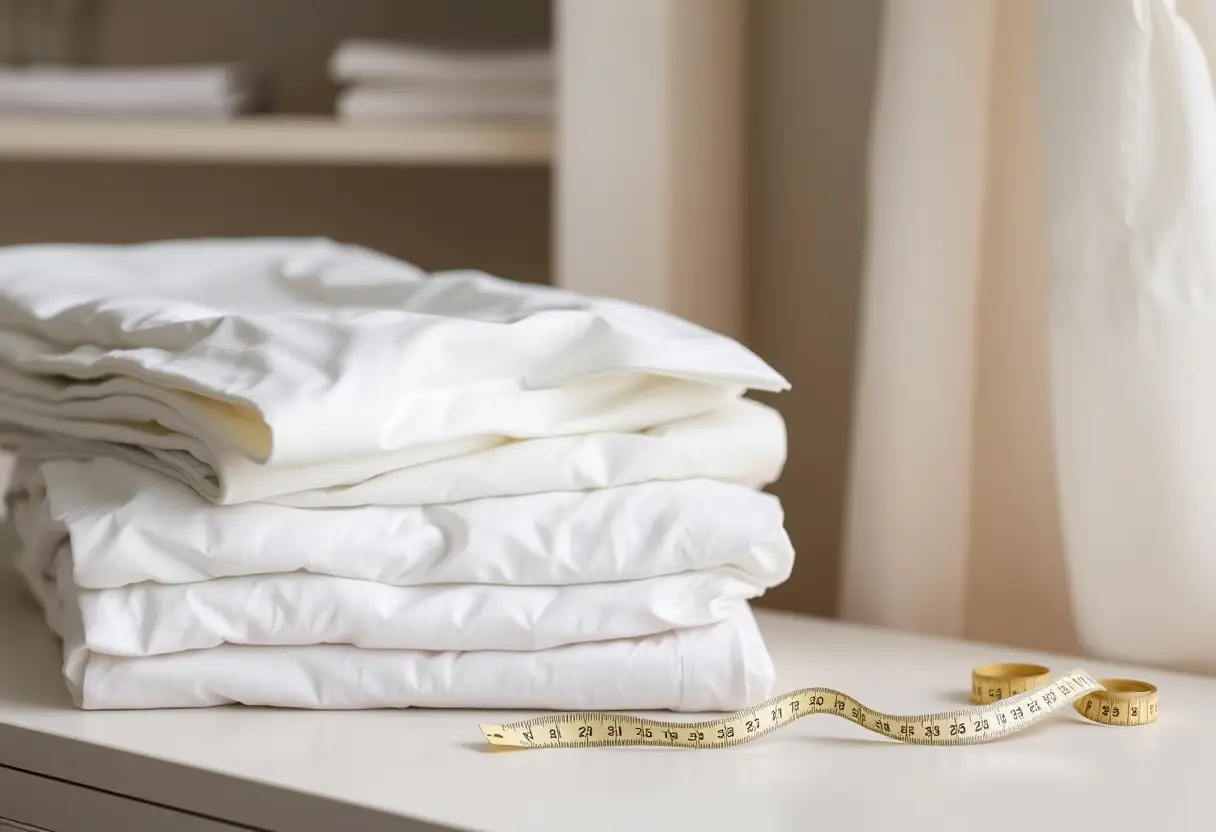Des draps blancs soigneusement pliés sur une commode à côté d’un ruban mesure