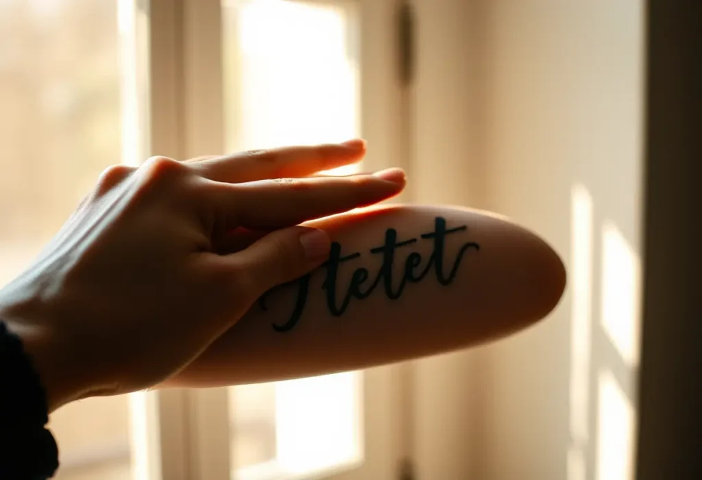 Une main féminine trace délicatement un tatouage, symbolisant la confiance en soi.
