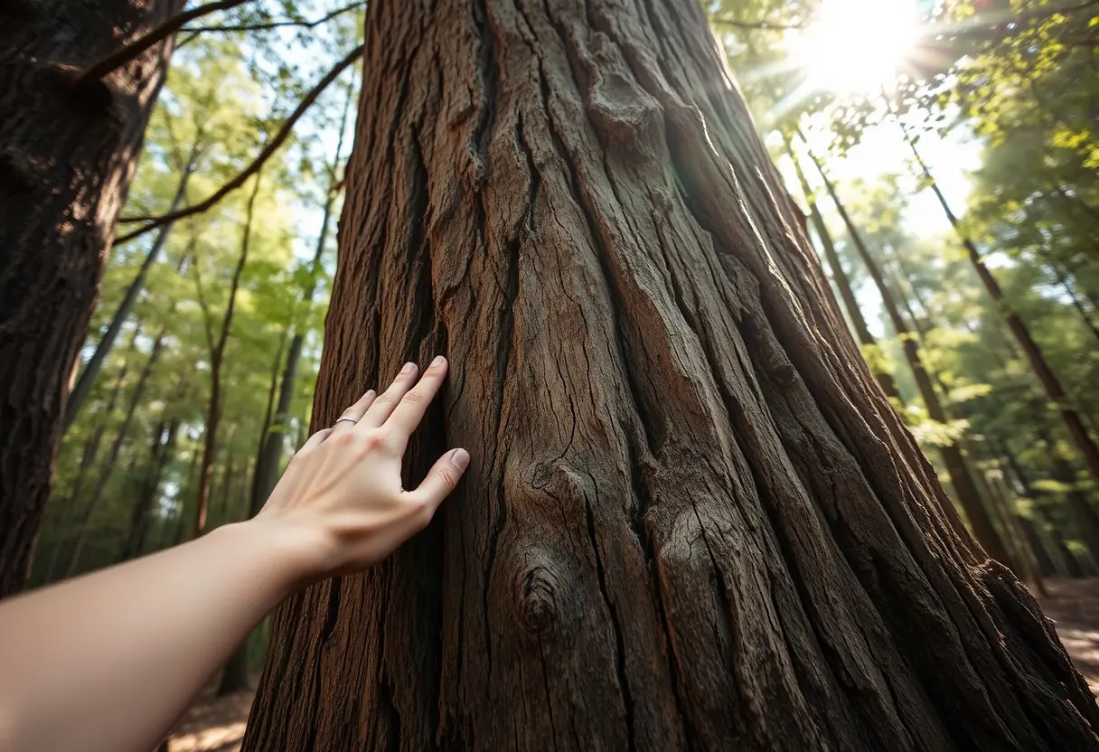 Une main féminine caresse le tronc d'un arbre ancien dans un bois, symbolisant l'enracinement et la croissance.