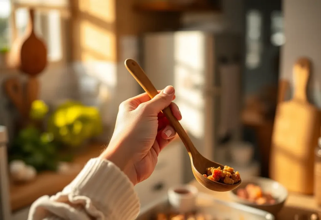 Une main féminine tenant une cuillère en bois dans une cuisine éclairée naturellement