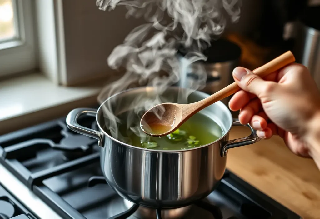 Une main mélange délicatement du thé vert aux épices dans une casserole sur la cuisinière, favorisant le bien-être et la santé.