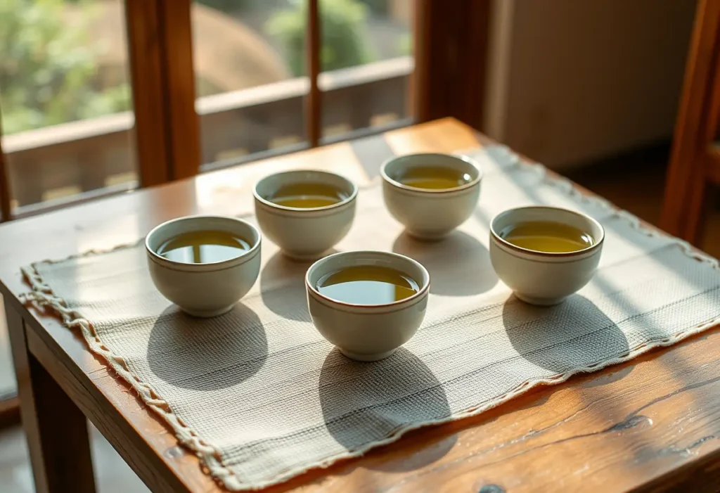 Une table en bois recouverte d'un tissu tissé abrite plusieurs tasses en céramique remplies de thé vert.