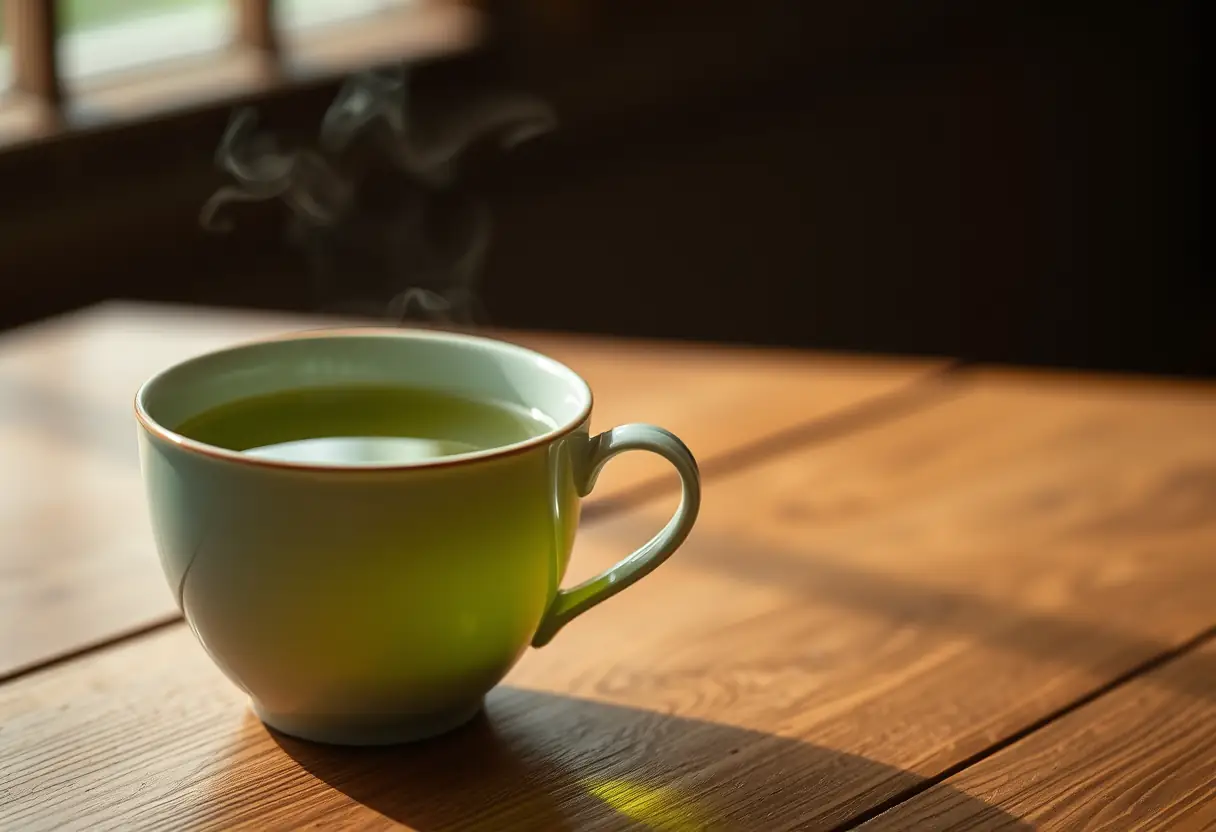 Une tasse de thé vert posée sur une table en bois, évoquant calme et sérénité