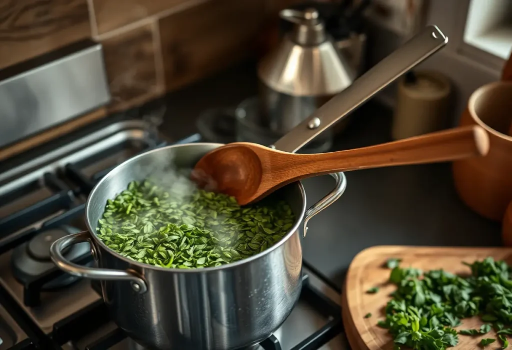 Une cuillère en bois remue une marmite de feuilles de thé vert qui mijotent sur un fourneau, la vapeur emplit la cuisine de son parfum