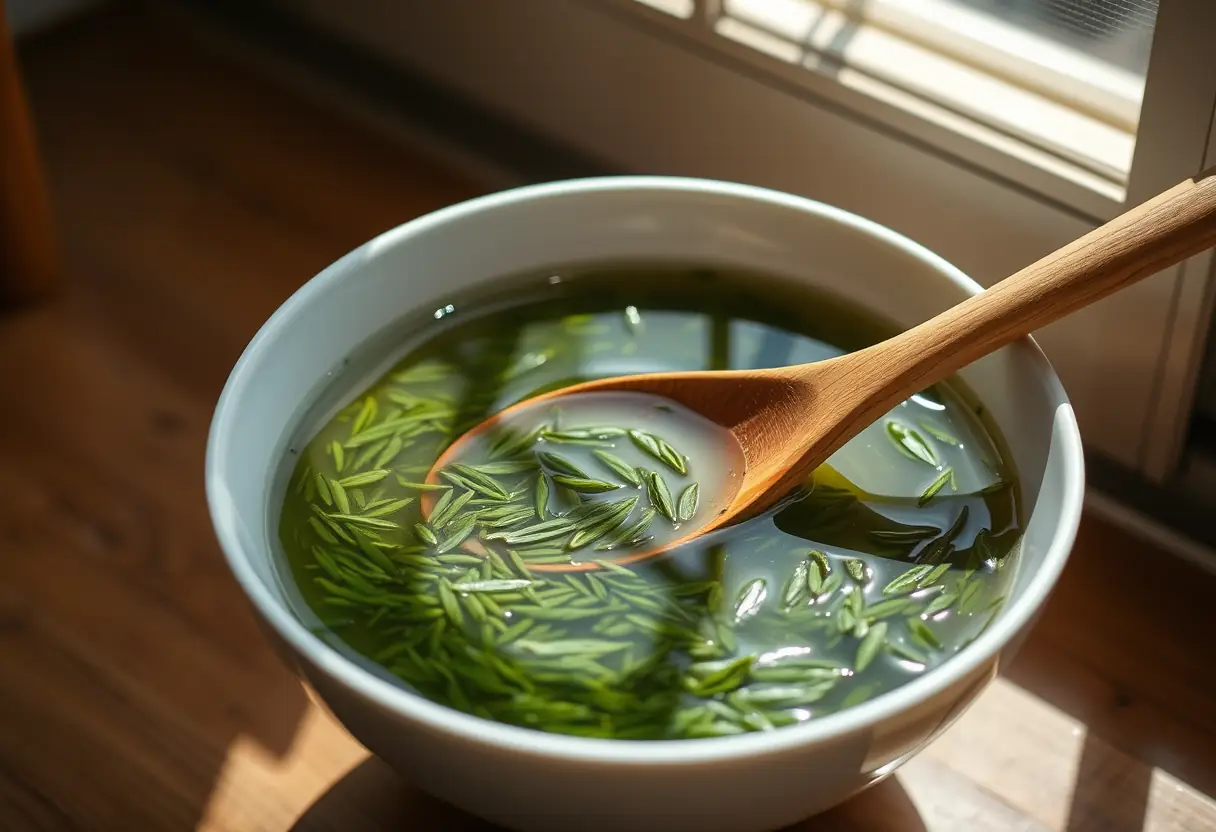 Un fouet en bois dans un bol rempli de feuilles de thé vert fraîchement infusées