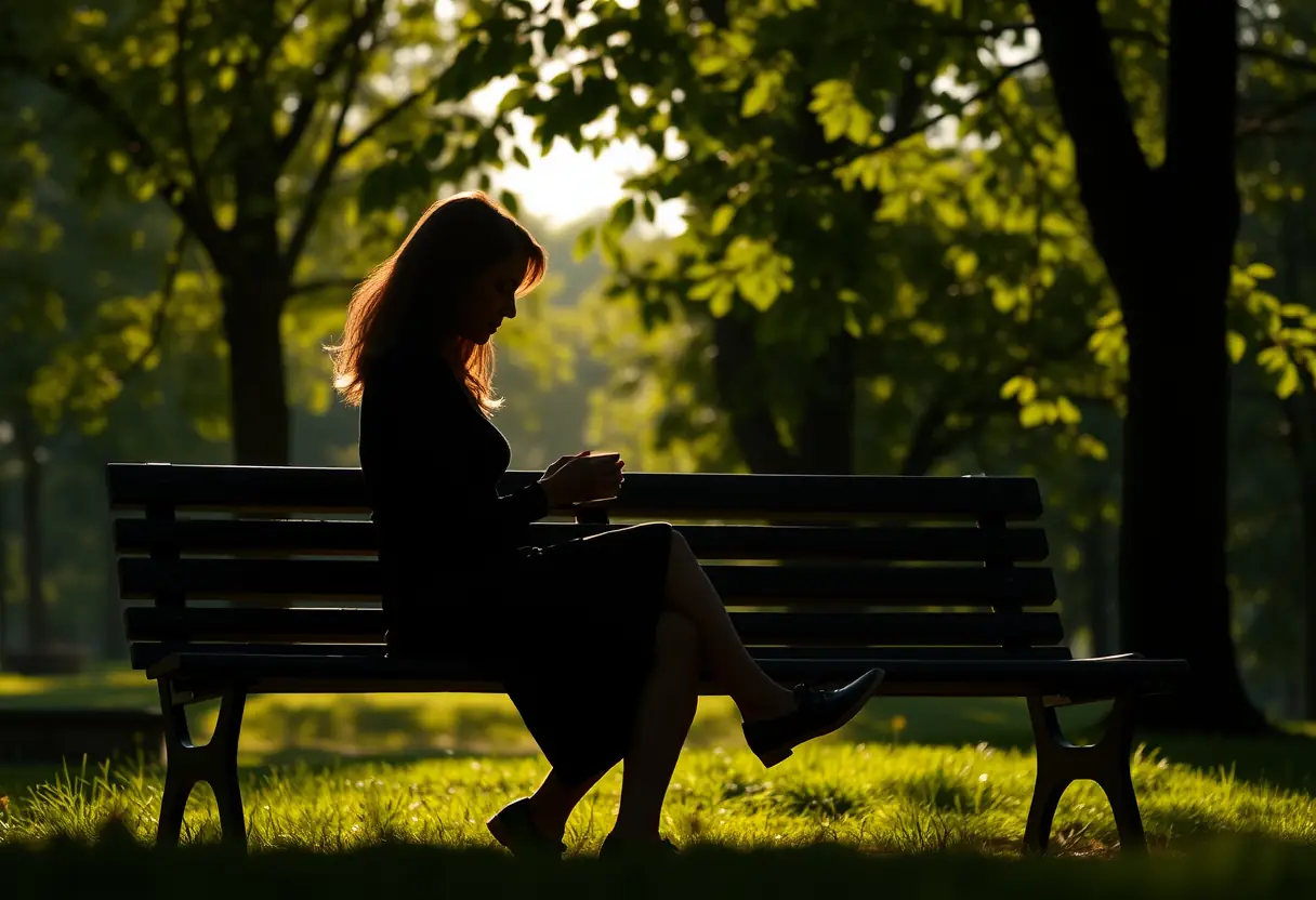 Femme assise sur un banc, contemplant sa tasse de thé vert au coucher du soleil