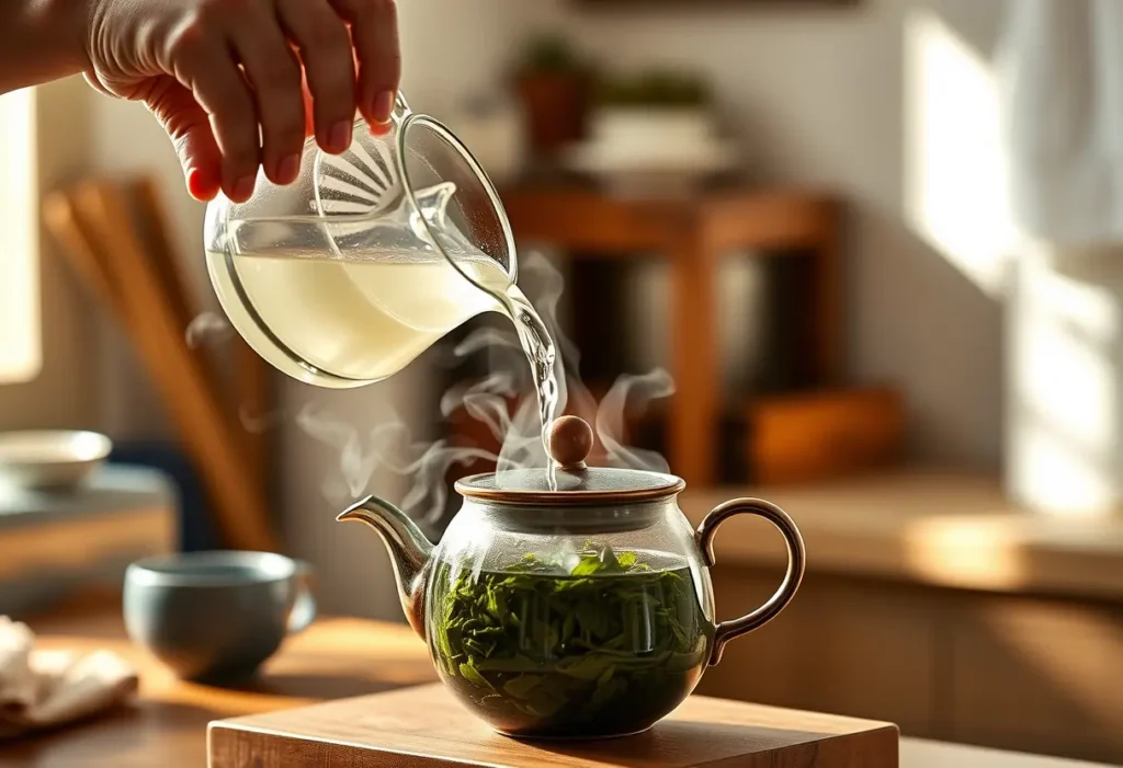 Une main verse de l'eau chaude dans une théière en céramique contenant des feuilles de thé vert, dans une cuisine accueillante.