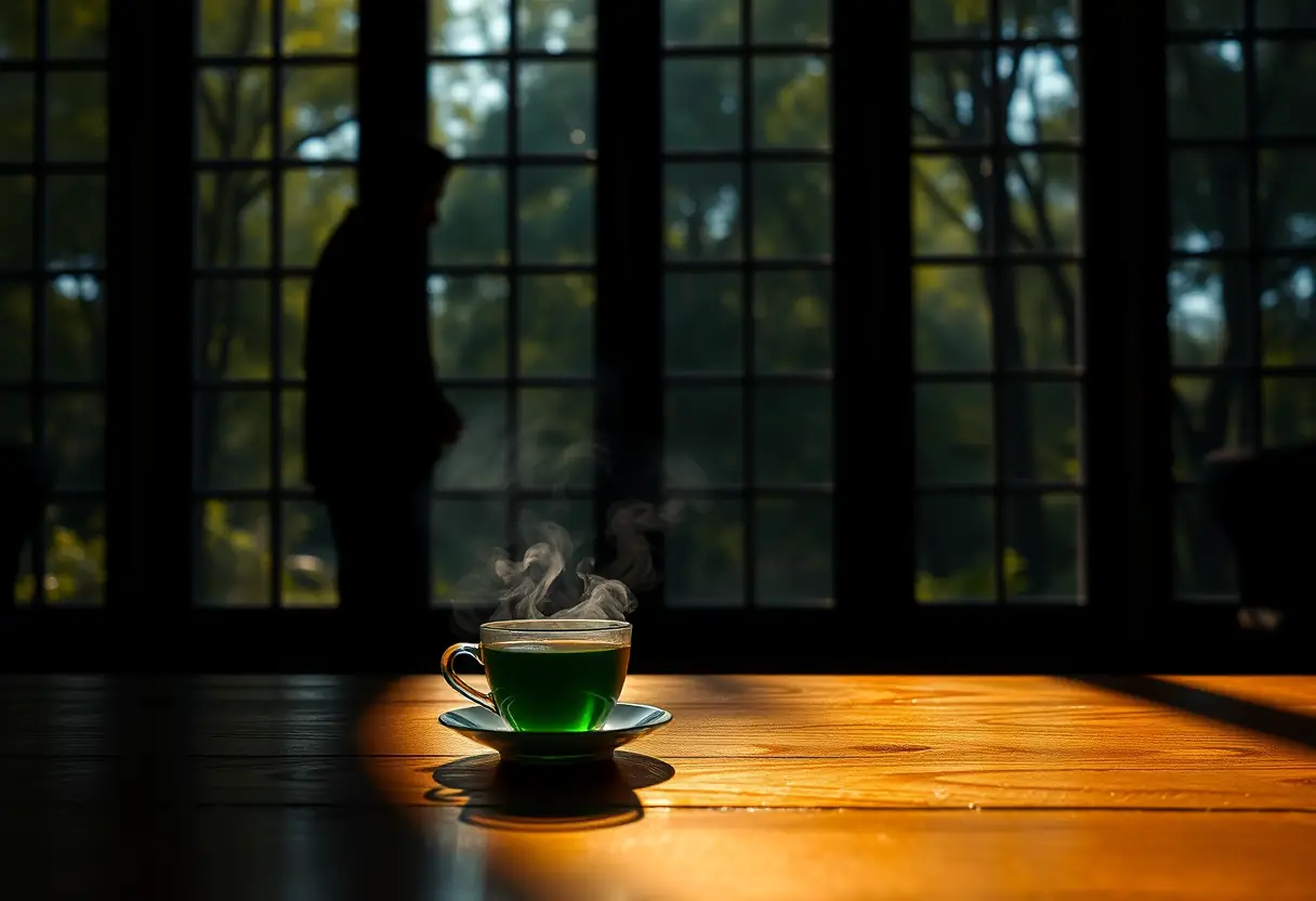 Un profil se découpe devant une fenêtre où la lumière du soleil filtre à travers les arbres, éclairant une table en bois avec une tasse de thé vert fumant.