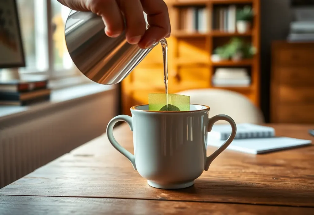 Une main verse de l'eau chaude sur une sachet de thé vert dans une tasse en porcelaine sur une table en bois