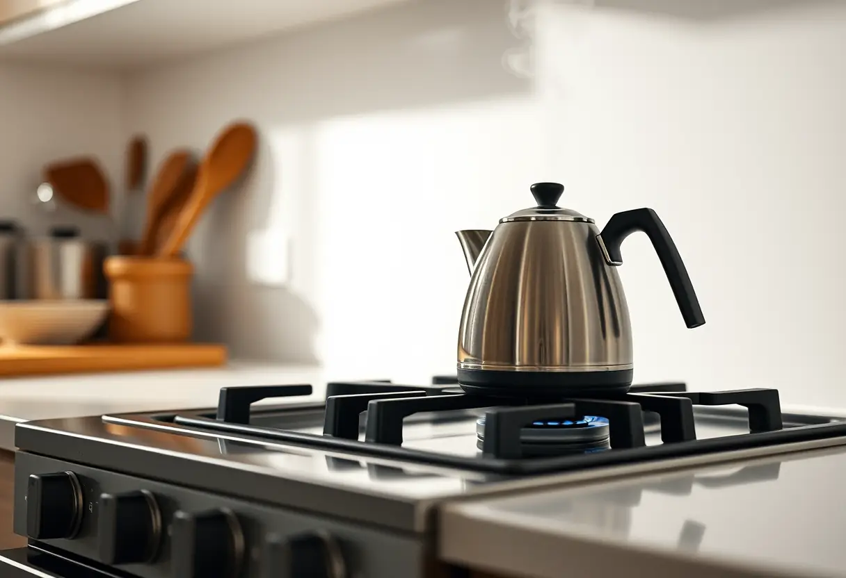 Une bouilloire sifflote sur un fourneau à gaz dans une cuisine moderne, la vapeur s'élève créant une atmosphère chaleureuse