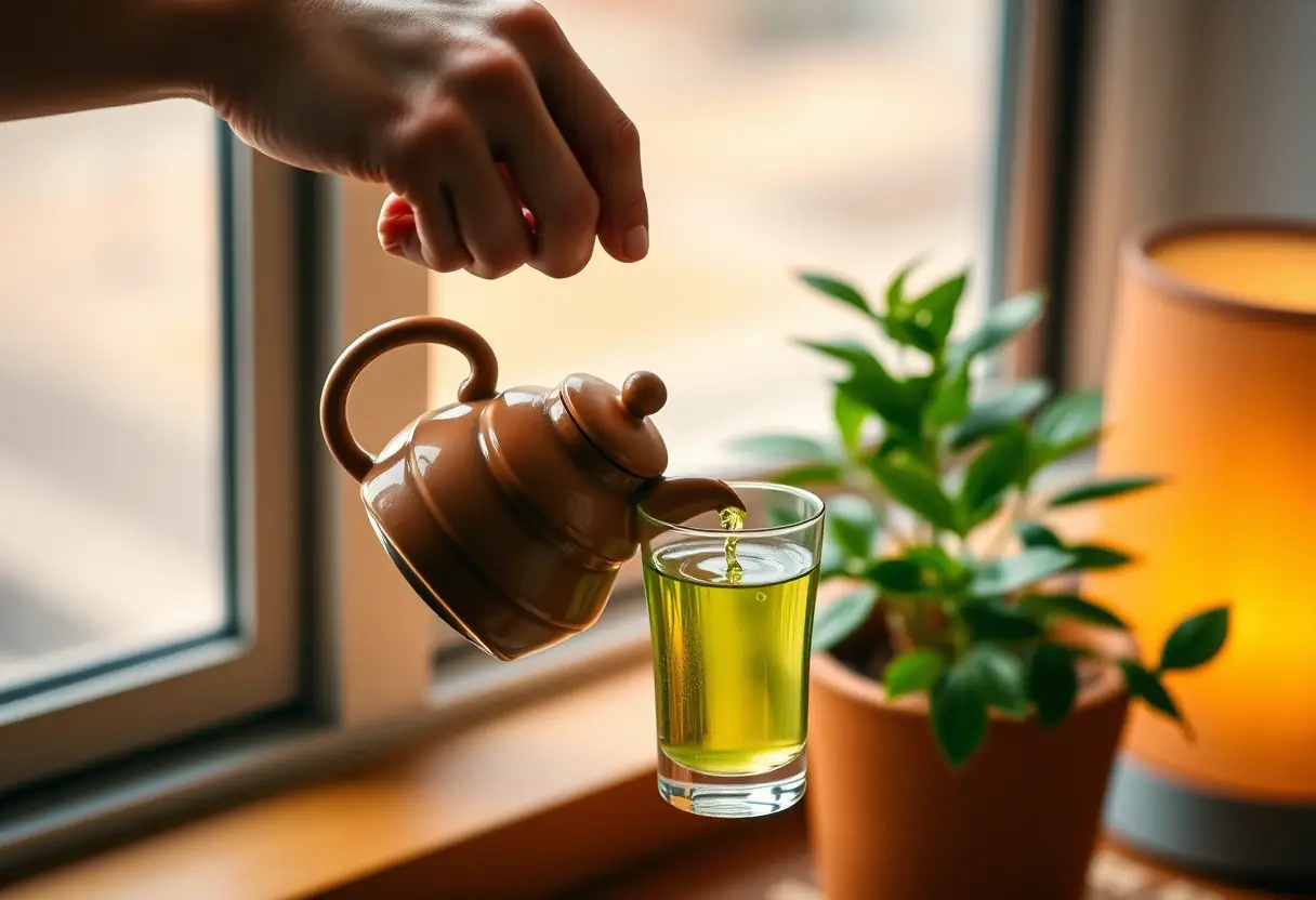 Une main tenant une petite théière en grès qui verse du thé vert dans un verre, près d'un petit pot de plante intérieure.