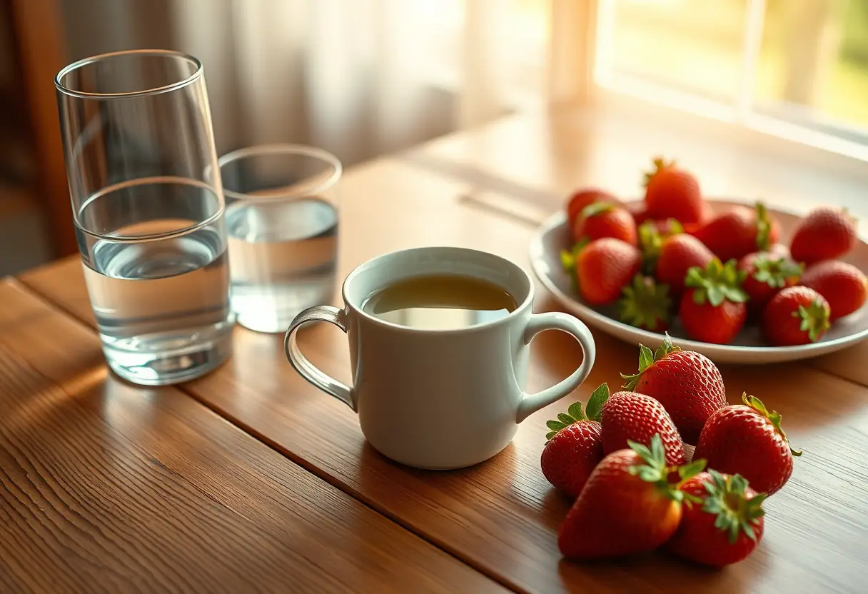 Main: une table en bois avec une tasse de thé vert, un verre d'eau et un plateau de fraises fraîches, éclairées par la lumière du matin