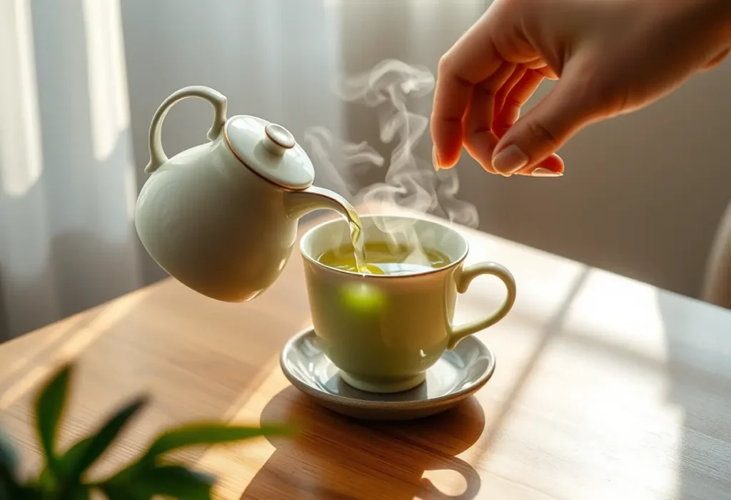 Une main verse du thé vert dans une tasse en céramique sur une table en bois, favorisant le bien-être féminin.
