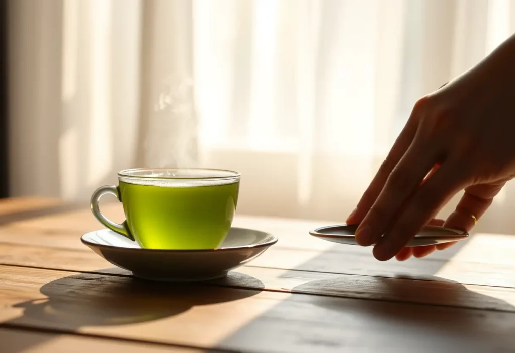 Tasse de thé vert fumant sur une table en bois, mains tenant la soucouche, lumière naturelle calme et apaisante.