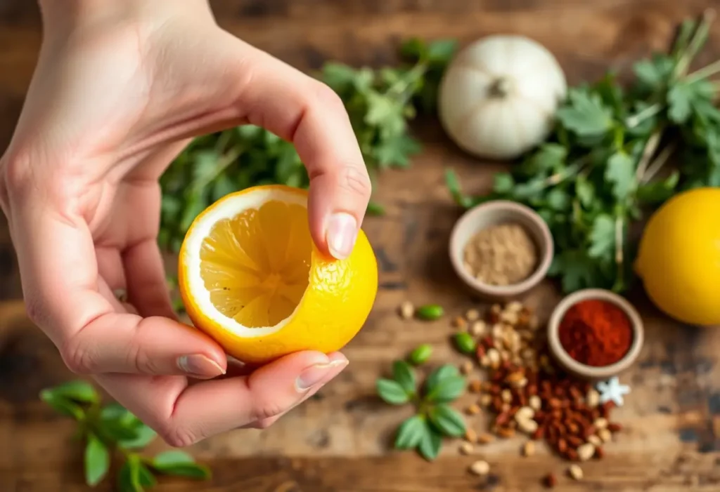 Une main retire délicatement la peau d’un citron, révélant sa couleur jaune vive, sur un plan de travail en bois rustique.