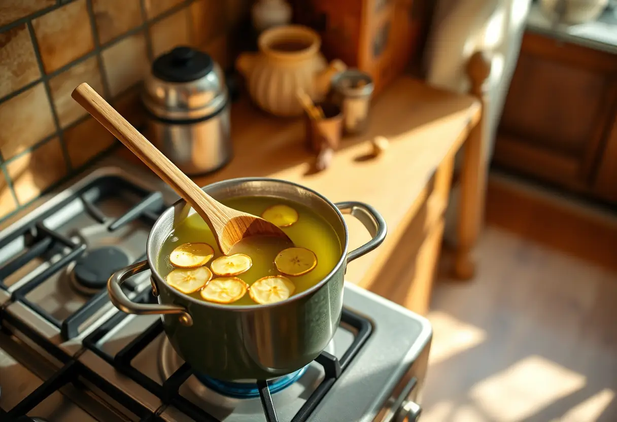 Dans une cuisine accueillante, une cuillère en bois remue une marmite de thé vert infusé avec des tranches de gingembre, éclairée par une lumière tamisée.