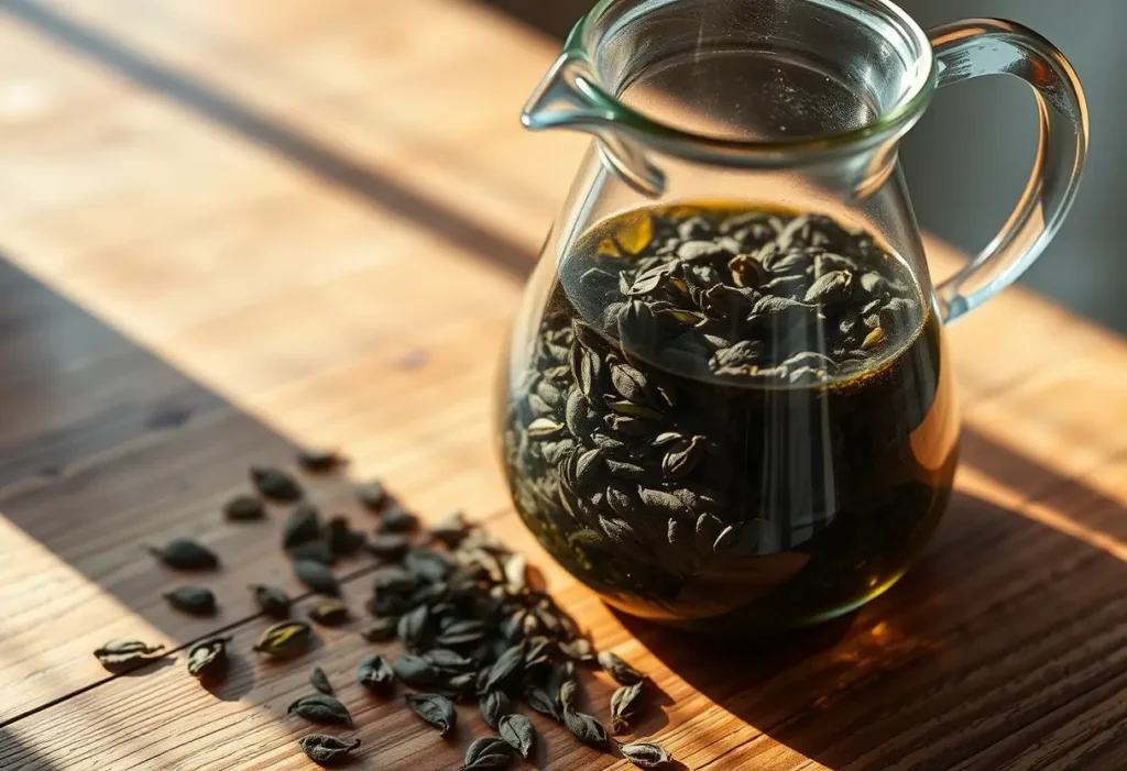 Feuilles de thé qui tournent doucement dans une carafe en verre sur une table en bois