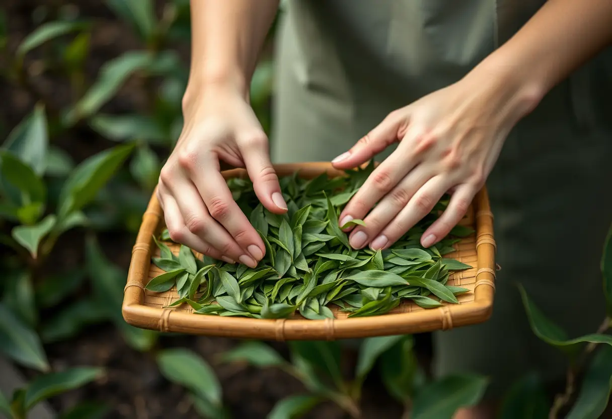 Des mains disposent soigneusement des feuilles de thé vert sur un plateau en bambou dans un jardin apaisant