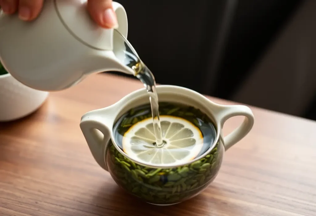 Une main verse de l'eau chaude dans une bouilloire en céramique contenant des feuilles de thé vert et un quartier de citron.