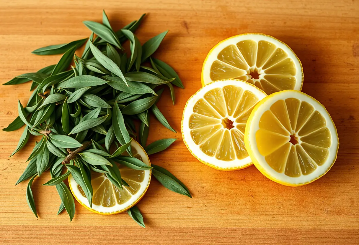 Plan rapproché d'un plateau de bois avec des tranches de citron et des feuilles de thé vert fraîches.