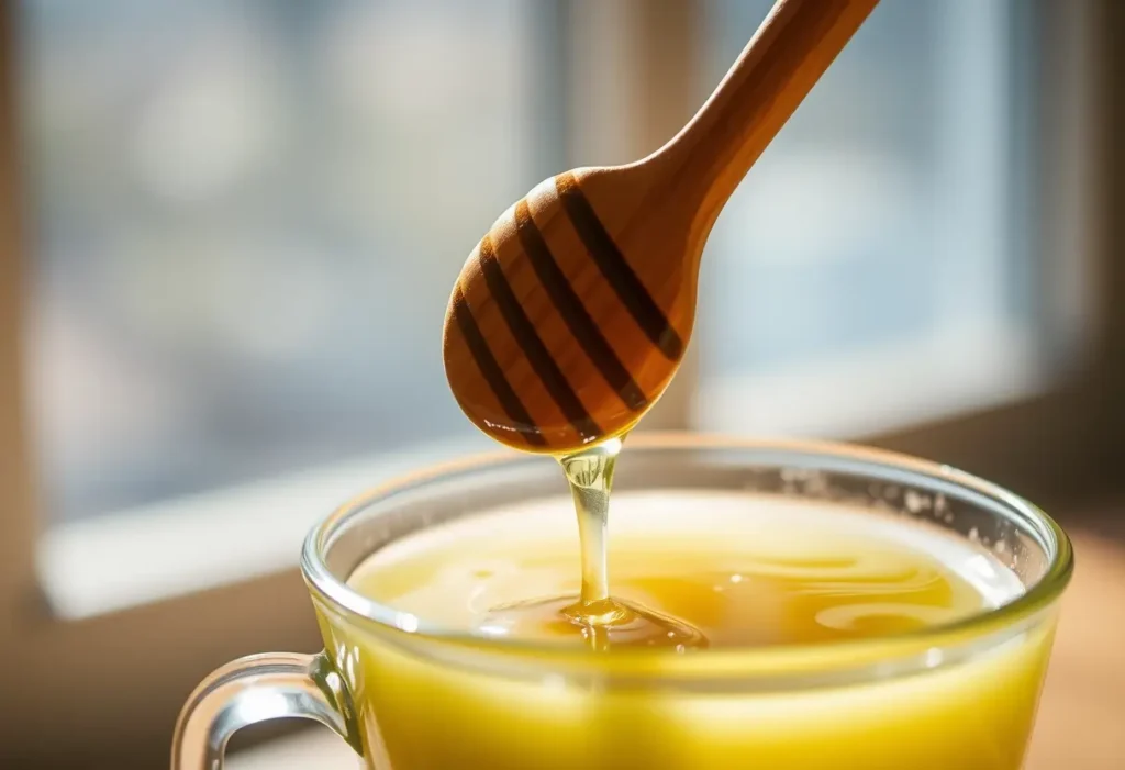 Une cuillère en bois remue une tasse de thé vert et miel, apportant sérénité et bien-être
