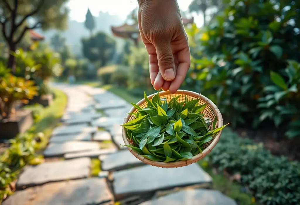 Des feuilles de thé vert disposées délicatement dans un tamis de bambou sur un chemin de pierres, lumière du matin apaisante