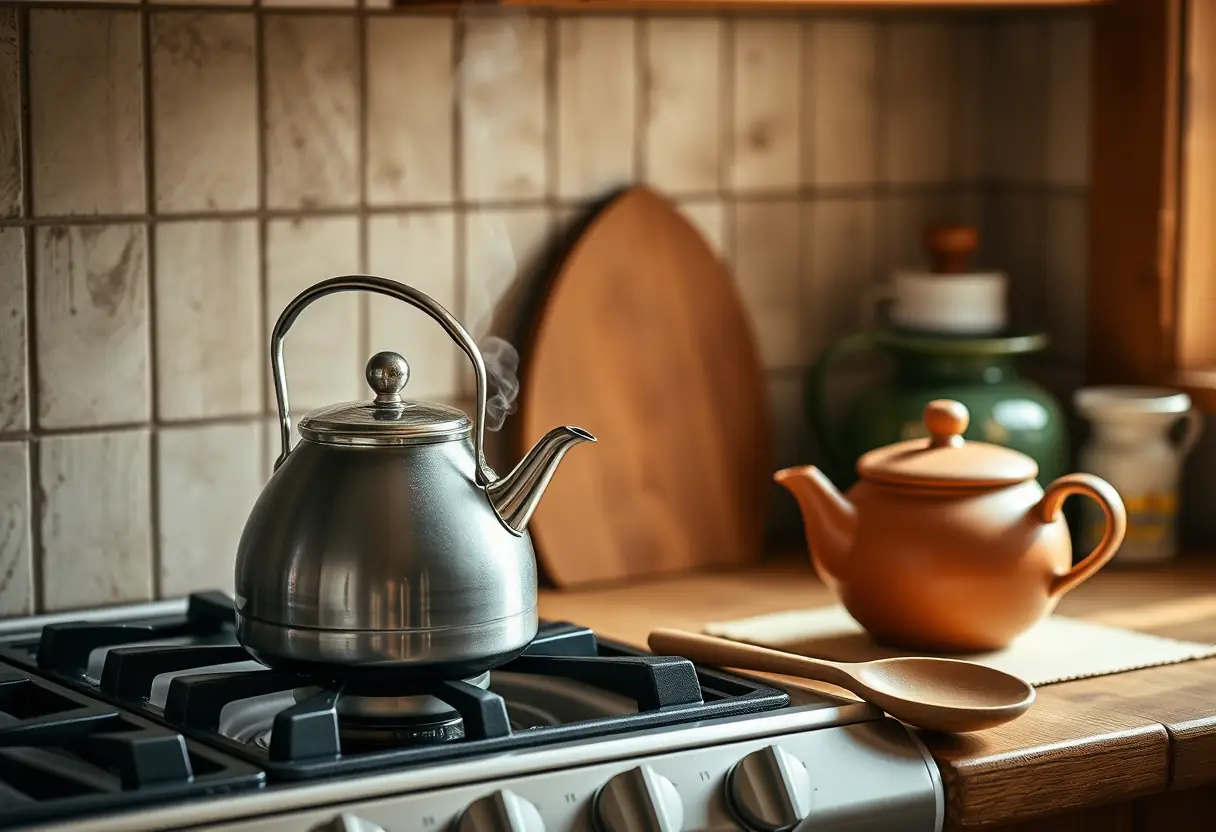 Une bouilloire sur un gaz, une cuillère en bois près d'une théière en terre cuite dans une cuisine accueillante, lumière naturelle apaisante
