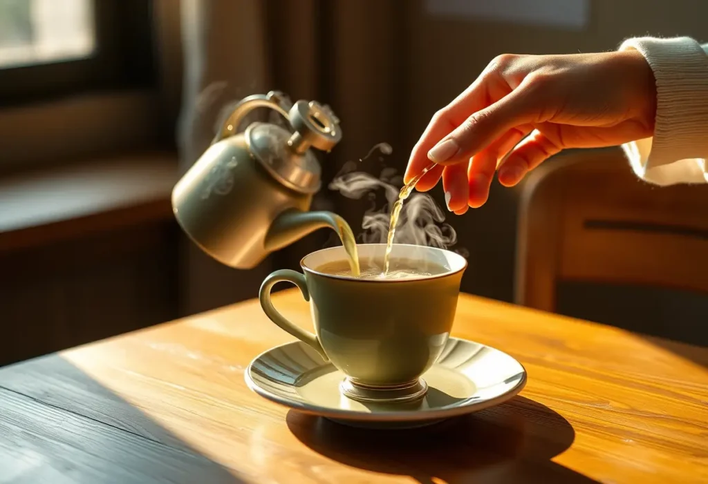 La main d'une femme verse du thé vert dans une tasse en porcelaine sur une table en bois, apportant chaleur et bien-être