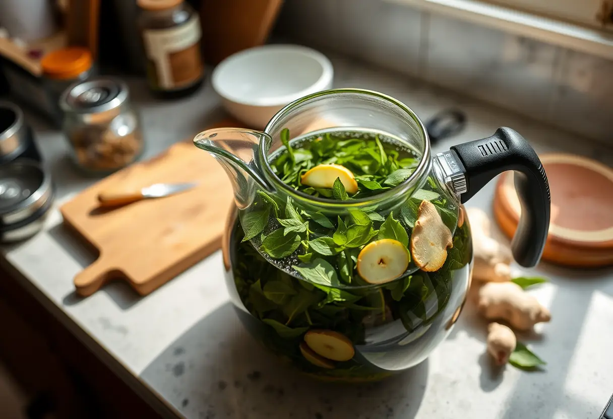 Un pot à thé sur un comptoir de cuisine contenant des feuilles de thé vert et des tranches de gingembre, symbole de bien-être et de santé