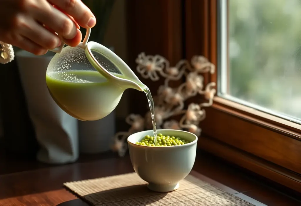 Une main verse de l’eau chaude sur des perles de thé vert dans une tasse de céramique