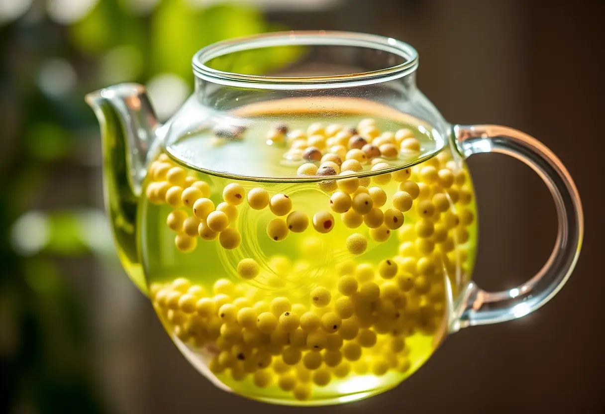 Des perles de thé vert infusent dans une bouilloire en verre transparent sous la lumière du soleil