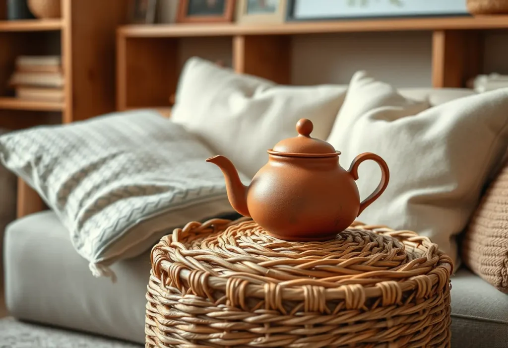 une bouilloire en argile repose sur un panier tissé entourée de coussins douillets dans un salon accueillant