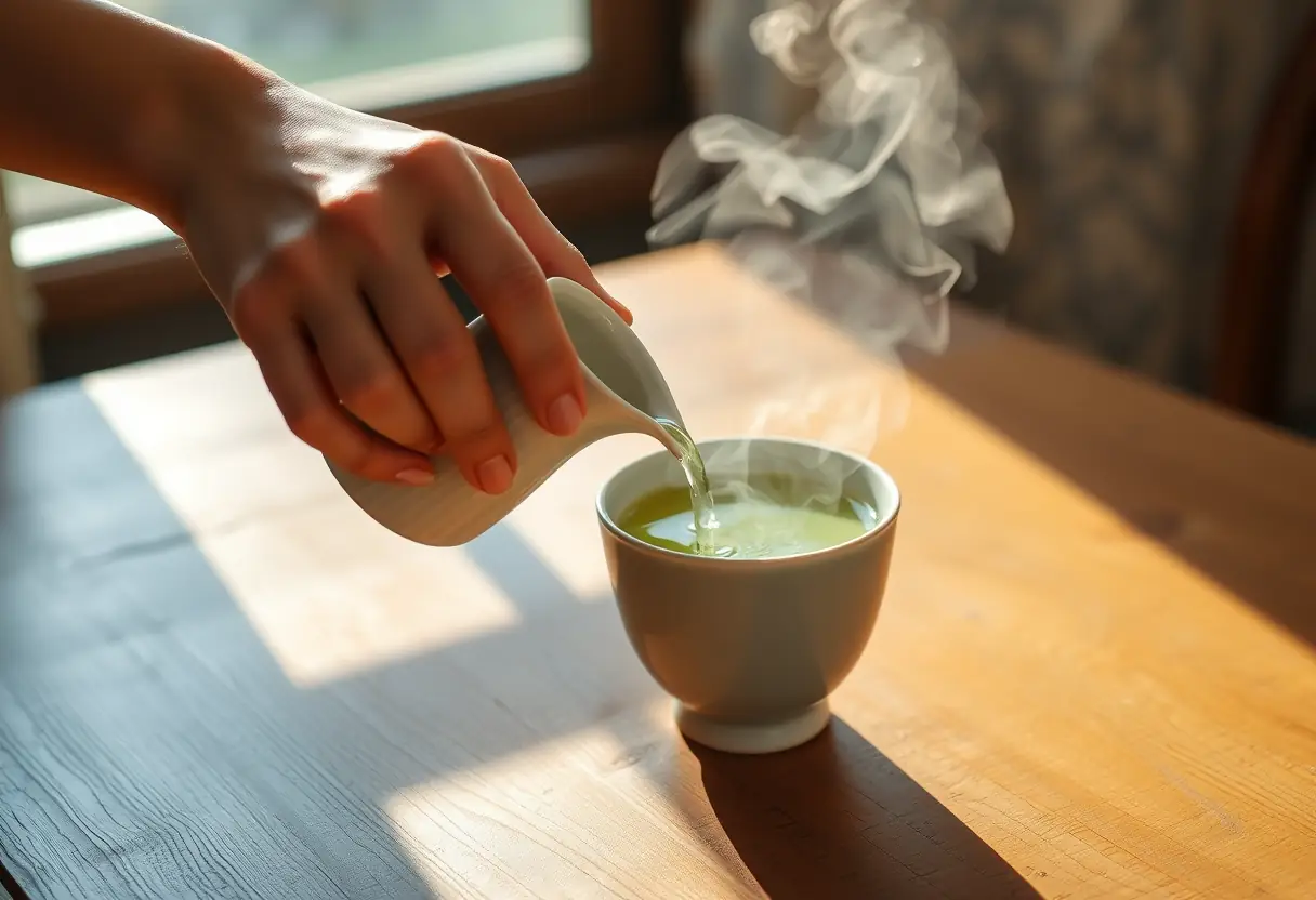 Une main verse du thé vert gyokuro dans une tasse en céramique sur une table en bois