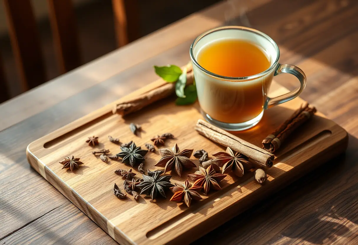 Un plan de travail en bois avec divers épices entières et une tasse de thé vert à l'hibiscus fumant