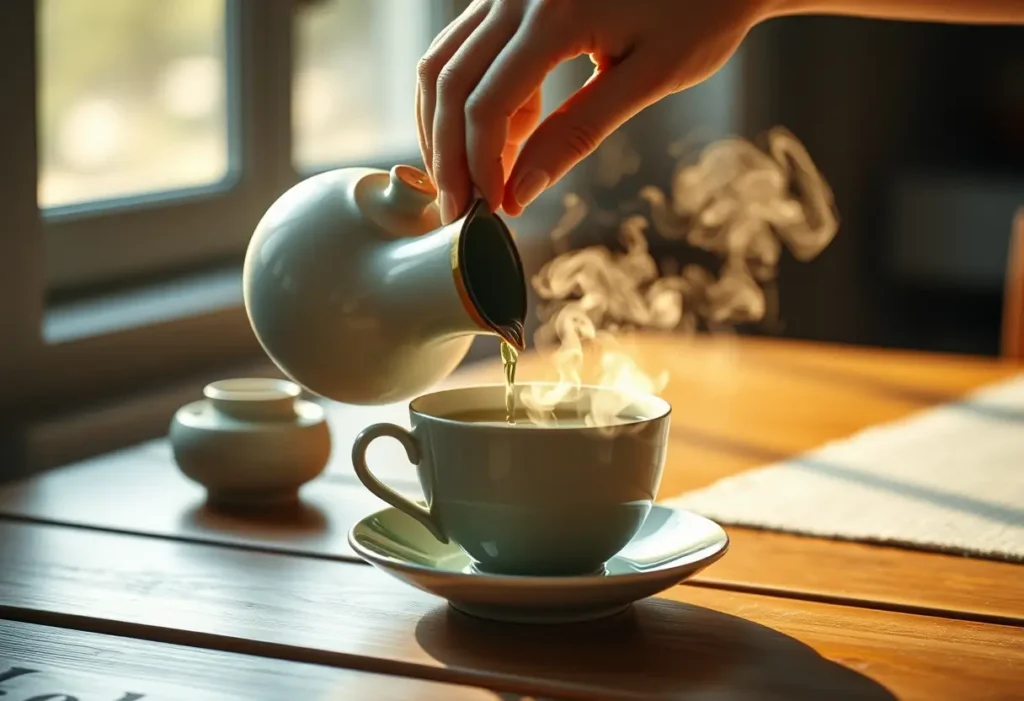 Main: Une main verse du thé vert dans une tasse en porcelaine, ambiance sereine.