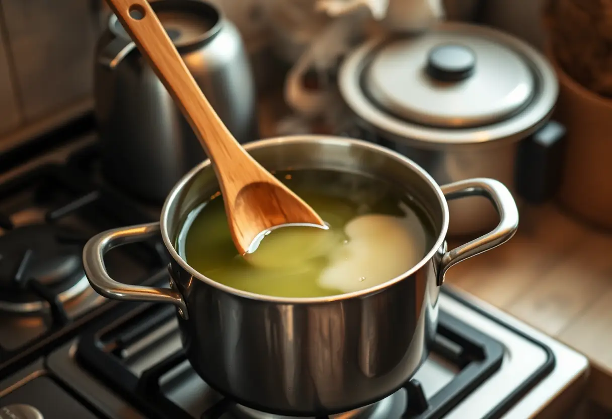 Main: Une cuillère en bois remue une marmite de thé vert dans une cuisine accueillante.