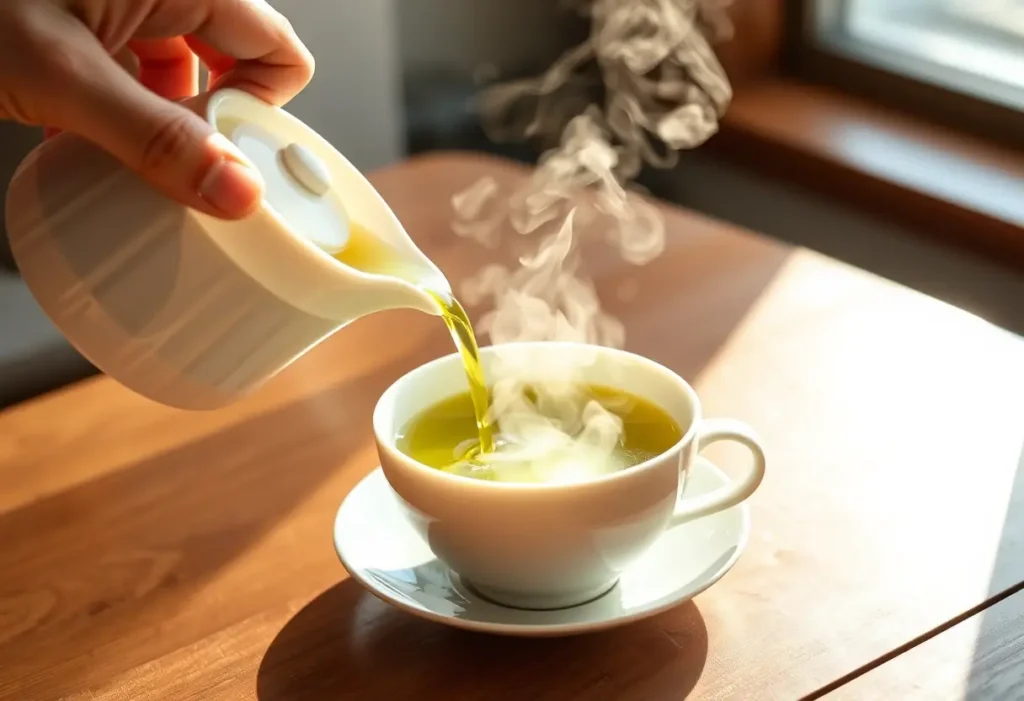 Une main verse du thé vert dans une tasse blanche en porcelaine sur une table en bois, la lumière du matin souligne la vapeur.