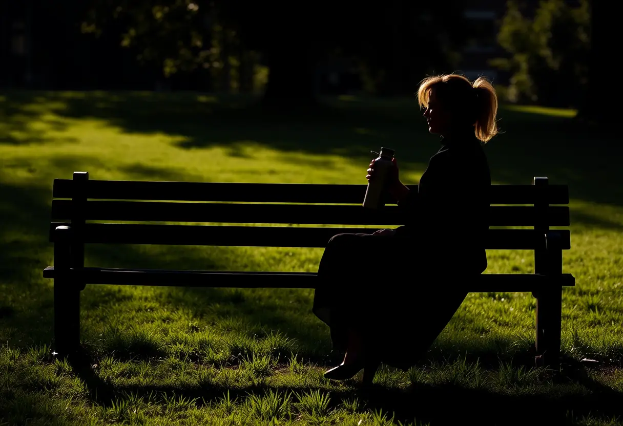 La silhouette d'une femme assise sur un banc de parc tenant une thermos de thé vert, l'ombre de l'après-midi s'étend sur l'herbe.
